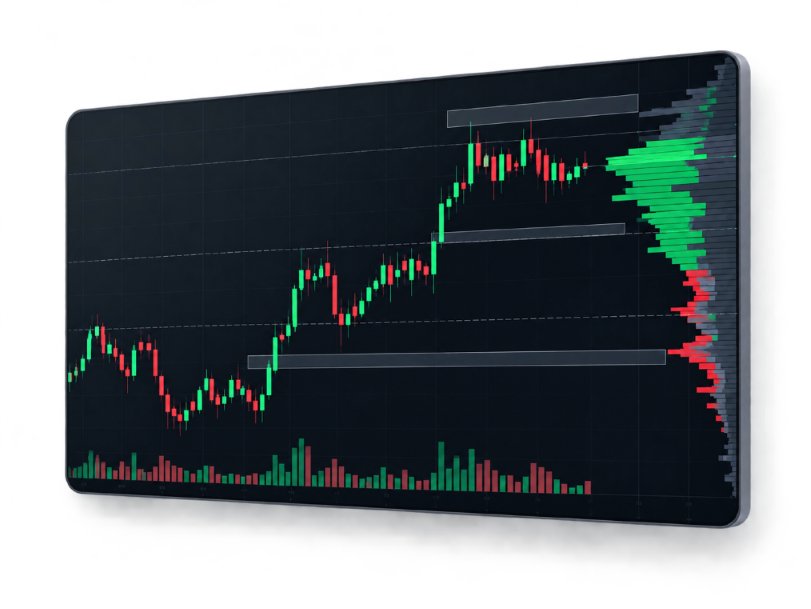 Painel de análise de mercado com velas, zonas de liquidez e perfil de volume